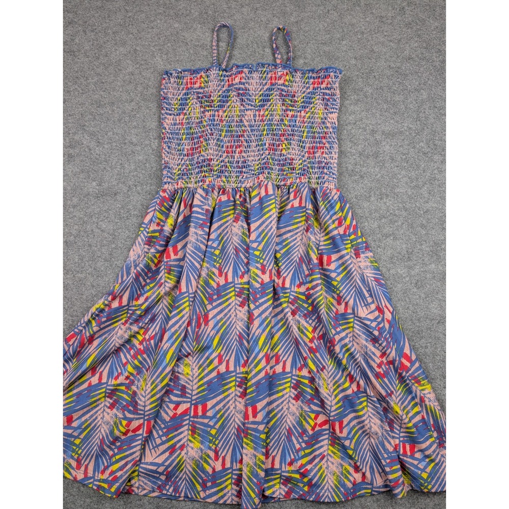 BCBGIRLS Girls Tropical Palm Print Smocked Bodice Sundress Blue Pink Size 12 - Picture 6 of 11
